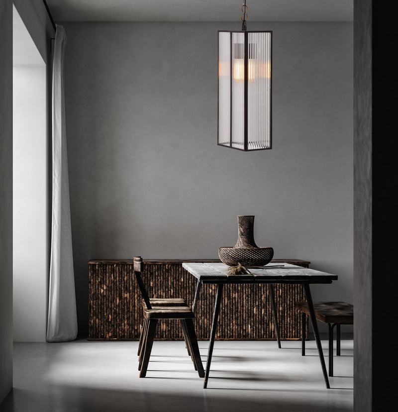 Brass And Ribbed Glass cylinder Pendant Light Large