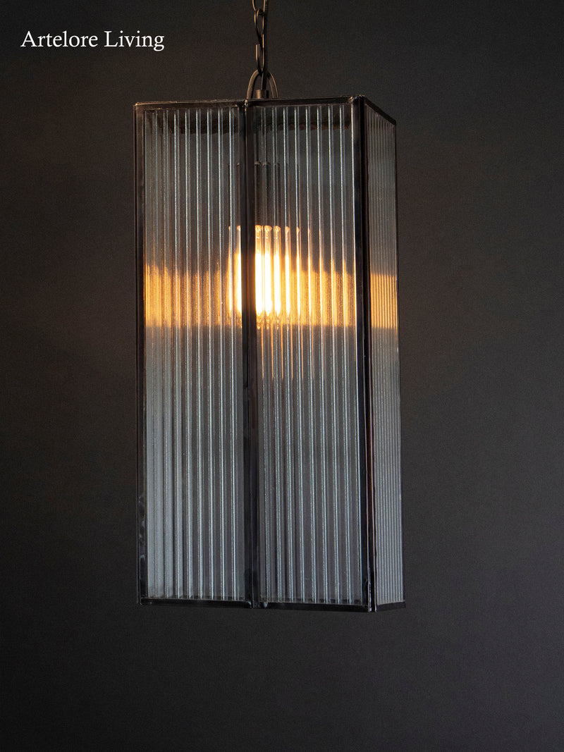 Brass And Ribbed Glass cylinder Pendant Light Large