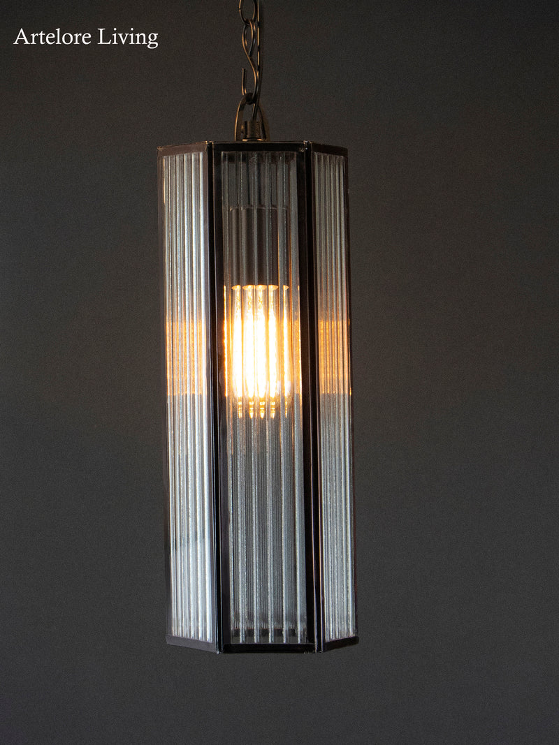 Brass And Ribbed Glass cylinder Pendant Light Large