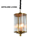 BRASS AND RIBBED GLASS CYLINDER PENDANT LIGHT LARGE
